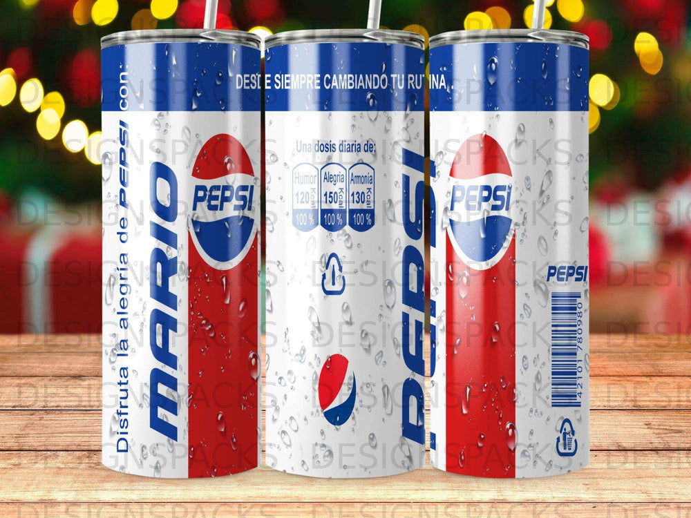 Pepsi can tumbler featuring Mario, with Spanish text and nutritional information.