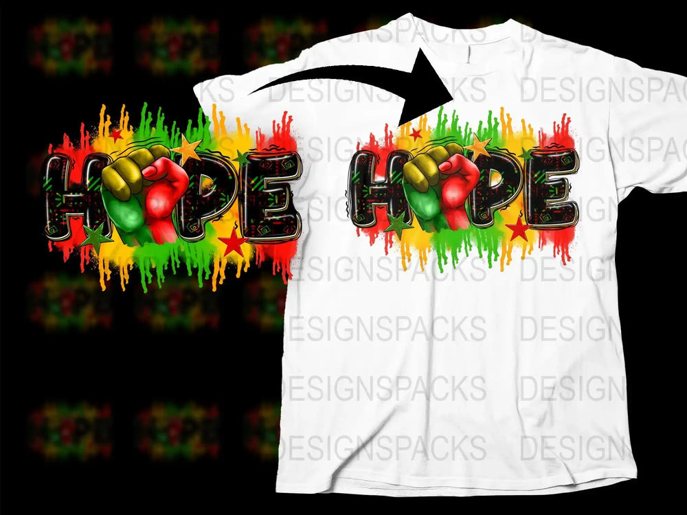 Hope t-shirt design with colorful fists and stars, print-ready for DTG or DTF