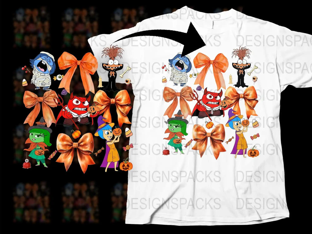 Cartoon Halloween Characters T-Shirt, Kids Spooky Fun Graphic Tee, Colorful Halloween Costume Design, Unique Holiday Apparel