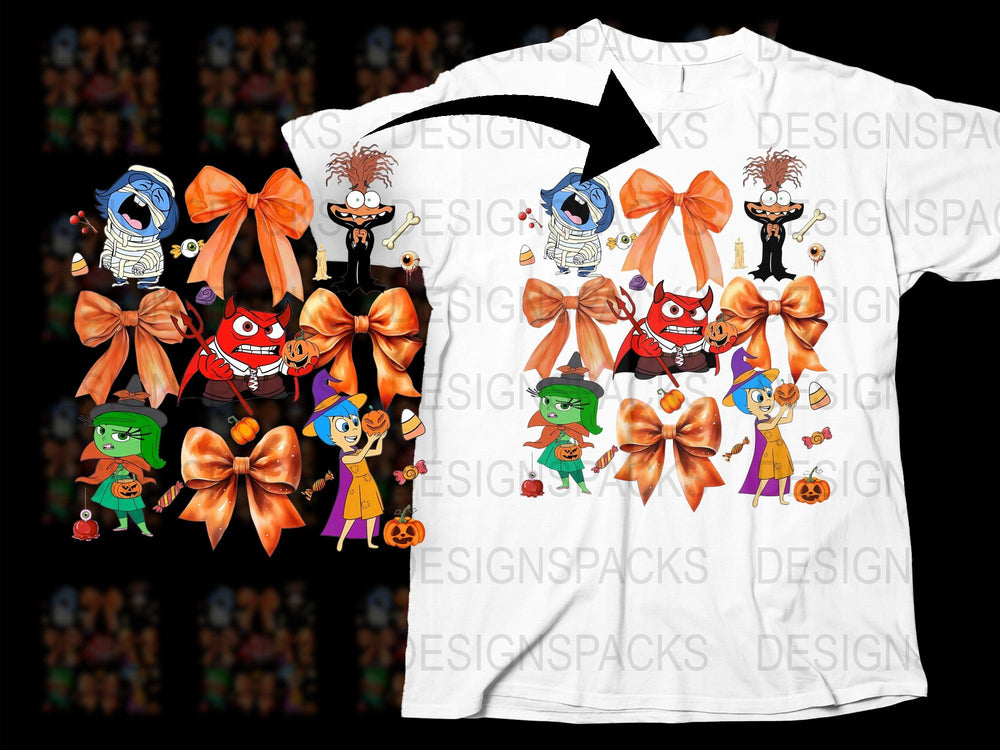 Cartoon Halloween Characters T-Shirt, Kids Spooky Fun Graphic Tee, Colorful Halloween Costume Design, Unique Holiday Apparel