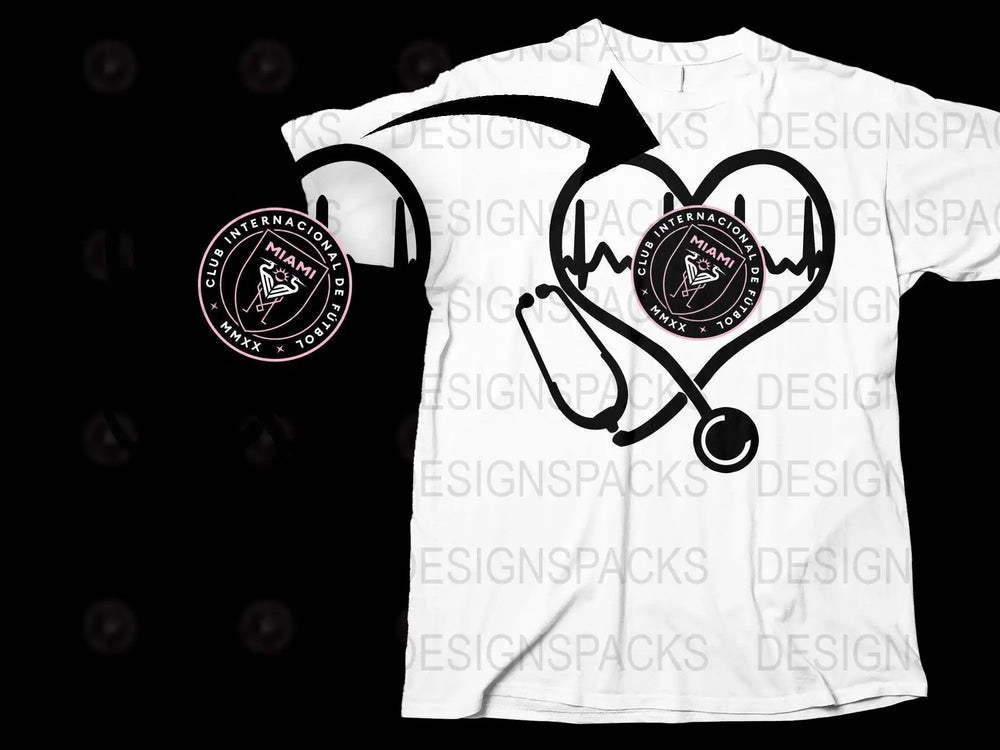 White t-shirt with heart-shaped stethoscope design featuring Miami soccer club logo