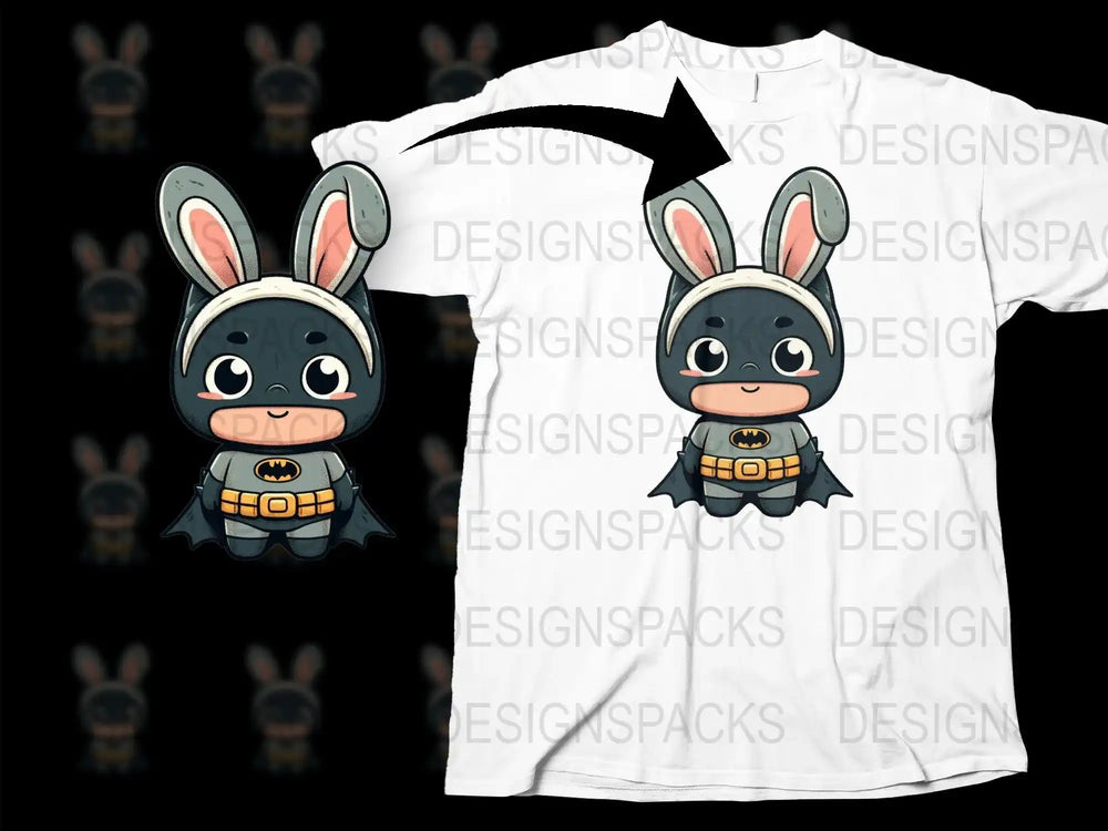 Cute Batman bunny design on white t-shirt, perfect for DTF/DTG printing