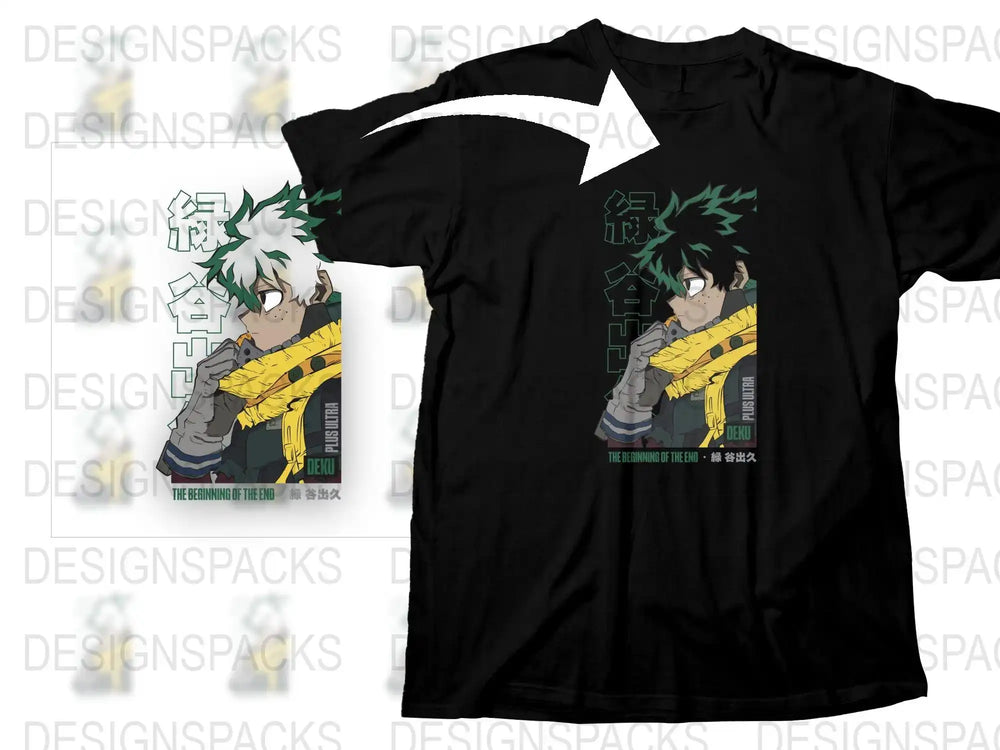 Black t-shirt featuring anime character Deku with green hair and yellow scarf, 'The Beginning of the End' design