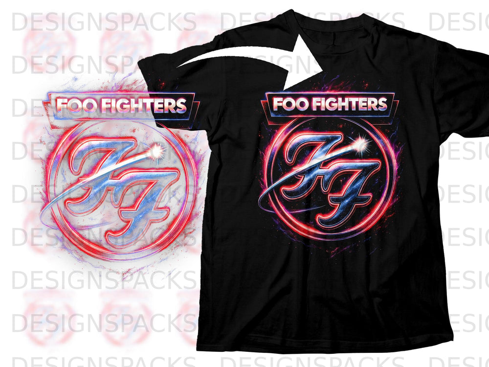 Black t-shirt with Foo Fighters logo and text in neon blue and red.