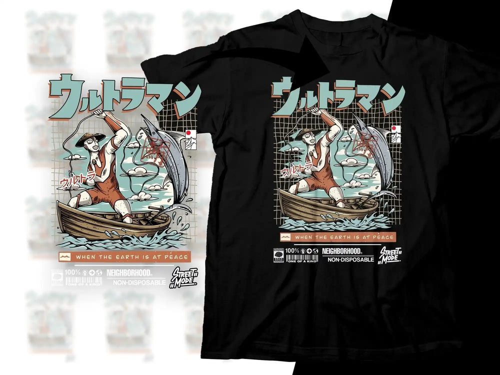 Ultraman fishing design on black t-shirt, print-ready for DTG/DTF, featuring Japanese text and ocean scene.