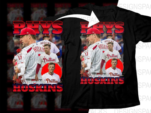 Rhys Hoskins Phillies baseball t-shirt design with player collage, red text, and team graphics for DTF/DTG printing