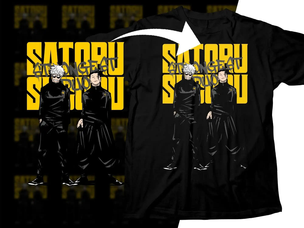 Satoru Gojo and Sukuna anime t-shirt design, print-ready DTF/DTG bundle with bold yellow text