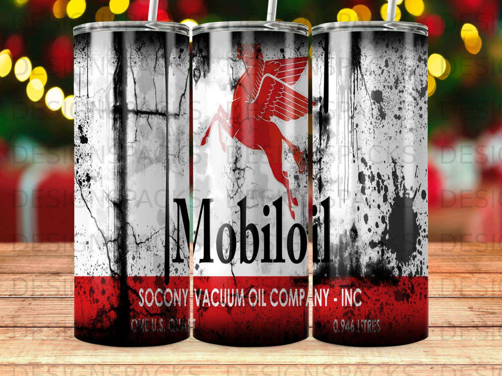 Mobiloil logo on a vintage oil can textured tumbler with red and white design.