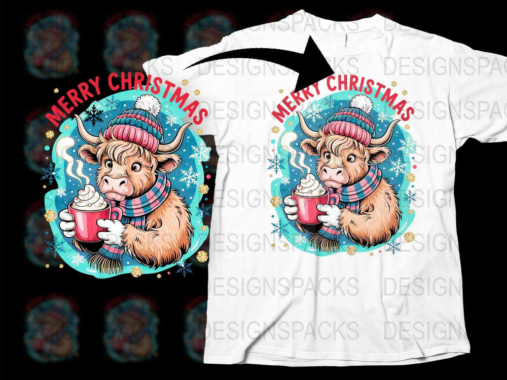 Merry Christmas Highland Cow T-Shirt, Festive Winter Cow with Hot Chocolate, Cozy Holiday Apparel, Unique Christmas Gift Idea