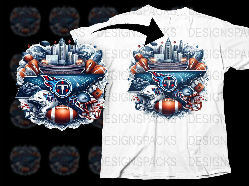 Tennessee Titans NFL Football Team Graphic T-Shirt, Urban Skyline and Helmet Design, Fan Apparel