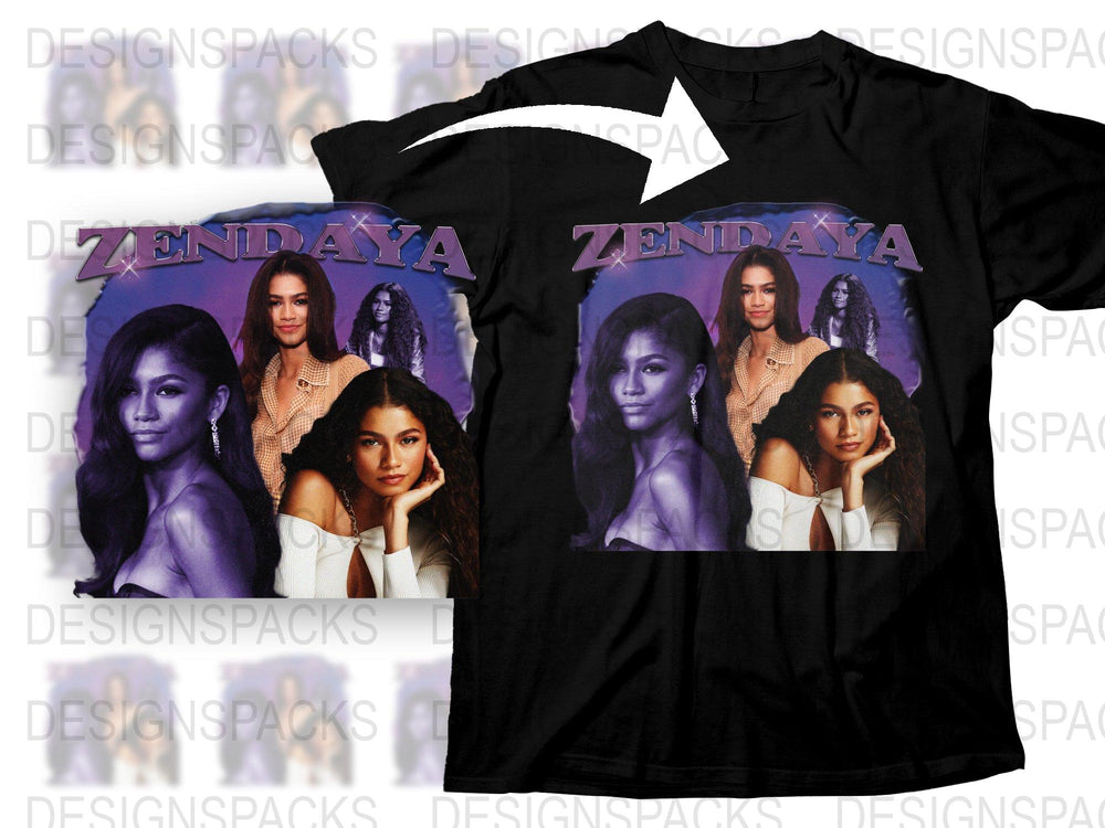 Zendaya Graphic T-Shirt, Celebrity Photo Collage Tee, Fashionable Black Shirt, Women's Casual Top
