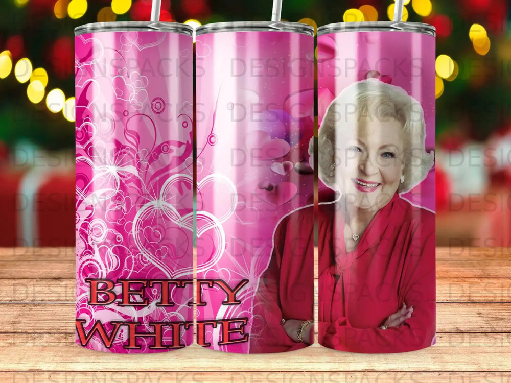 Betty White with pink heart pattern.