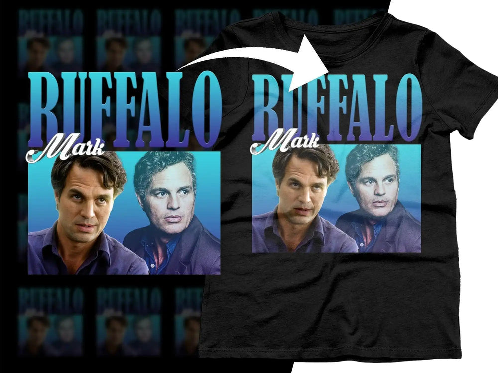 Buffalo Mark t-shirt design with two men, blue gradient text, print-ready for DTF DTG