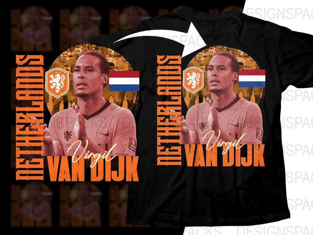 Virgil van Dijk Netherlands soccer t-shirt design with flag and team graphics, print-ready for DTG/DTF
