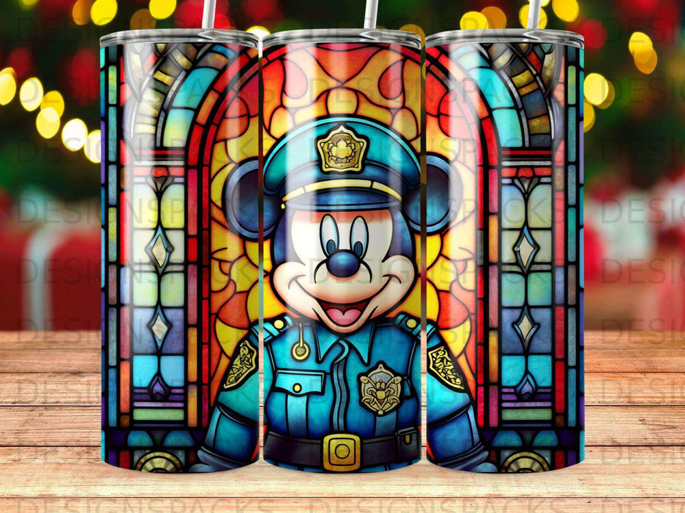 Mickey Mouse as a police officer in stained glass, rendered on a tumbler.
