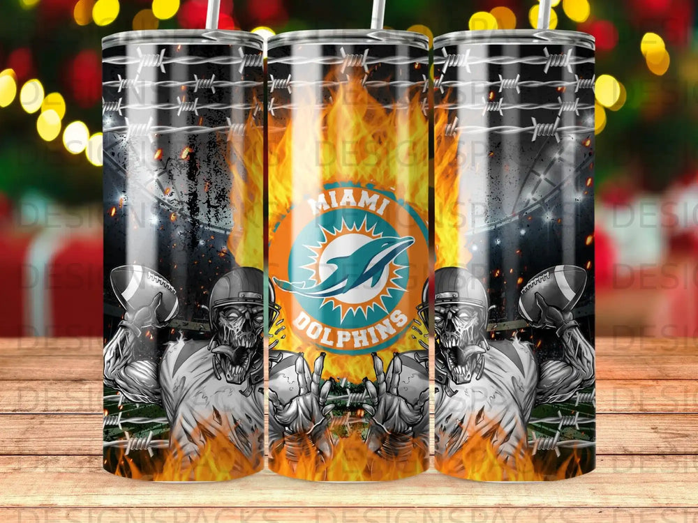 Miami Dolphins logo with skull-like football players and barbed wire.