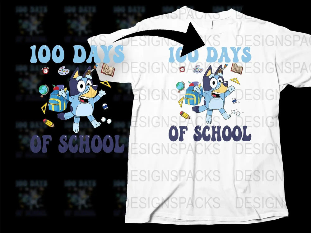 Bluey 100 Days of School t-shirt design with backpack, books, and school supplies