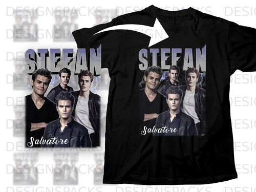 Black t-shirt featuring actors as Stefan Salvatore.
