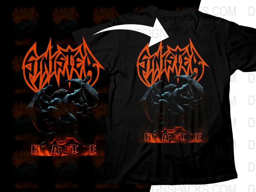 Black t-shirt with orange gothic 'HATE' design and demonic artwork, print-ready for DTG/DTF