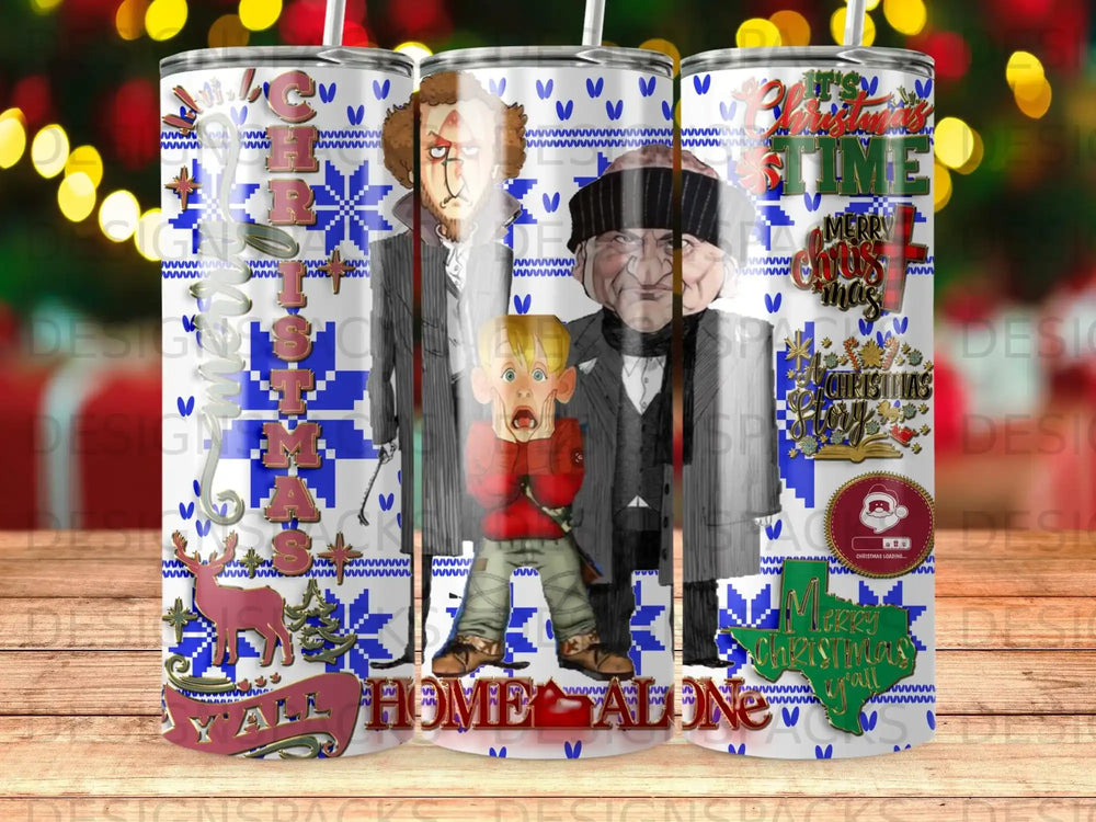 Home Alone characters on a Christmas-themed tumbler with text.