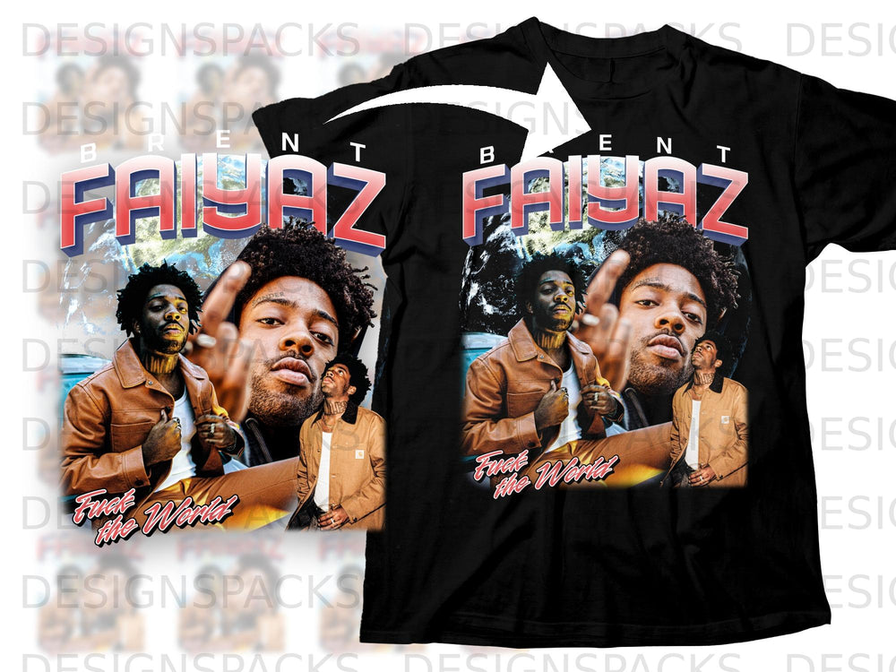 Black t-shirt with "BRENT FAIYAZ" text and "Fuck the World" phrase.