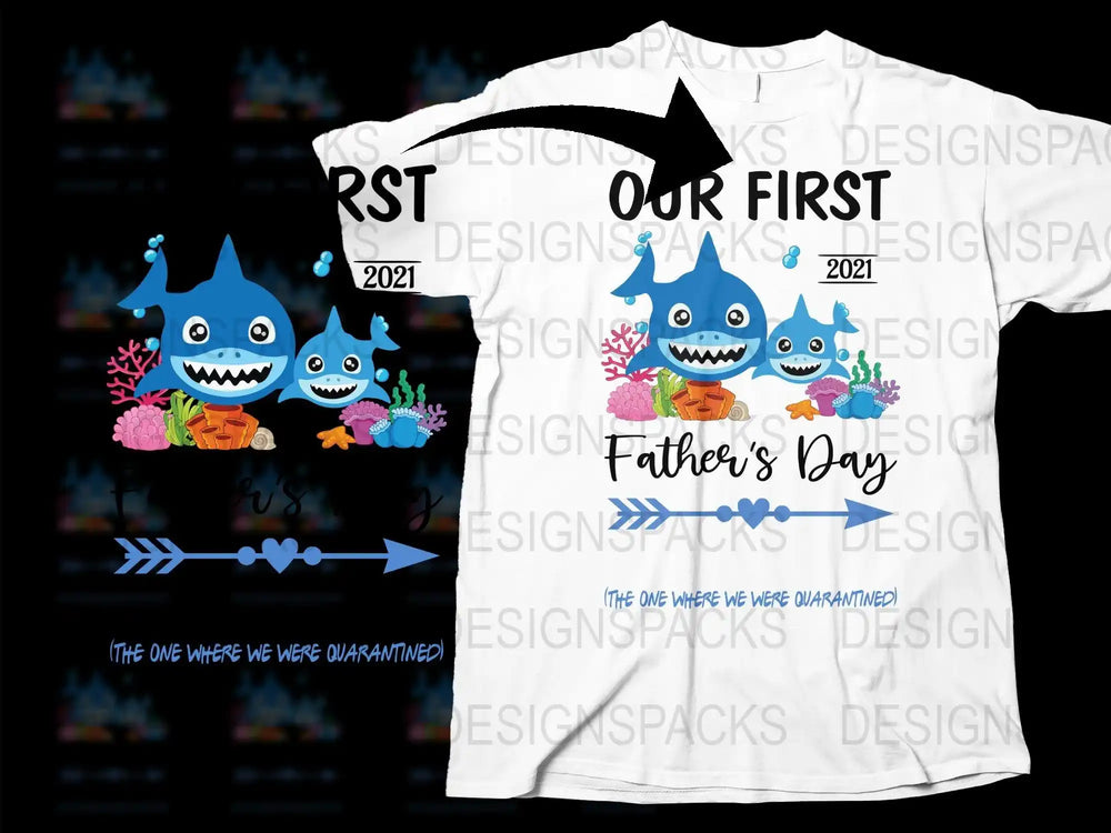 Our First Father's Day 2021 shark design t-shirt with coral and arrow details