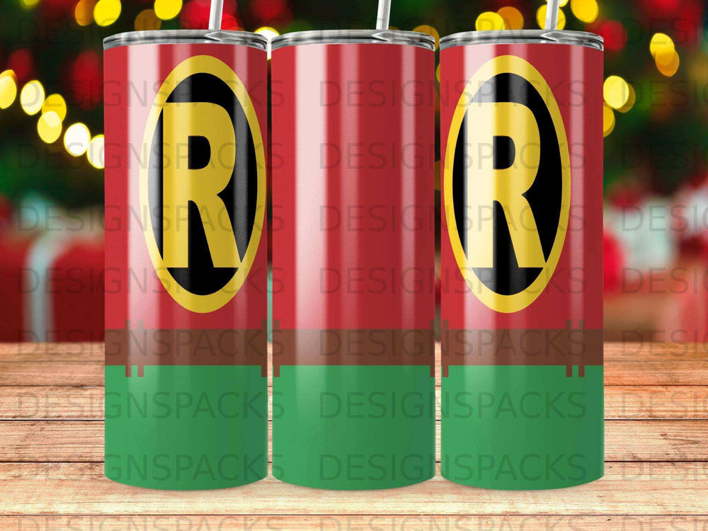 Two stainless steel tumblers with red and green stripes and a large "RR" logo.