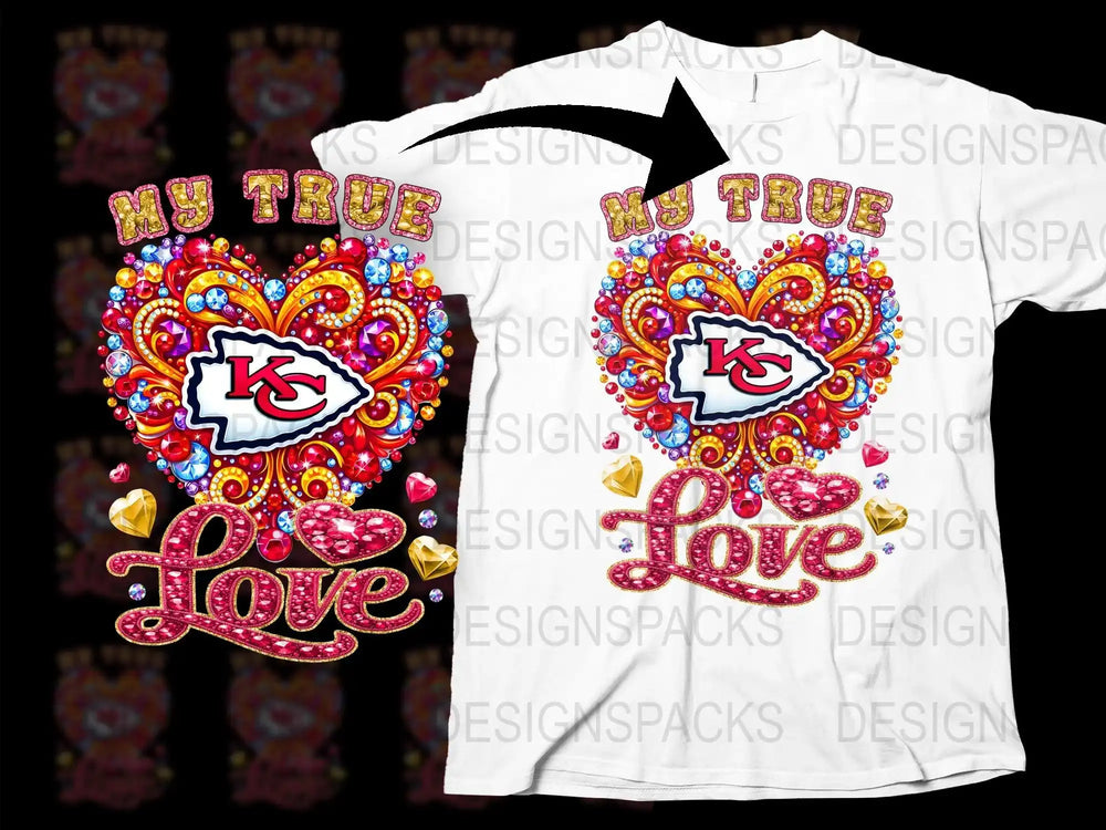 Kansas City Chiefs 'My True Love' t-shirt with glittery heart design and gem accents