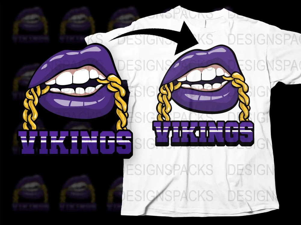 Purple lips with gold braids and Vikings text on white t-shirt design