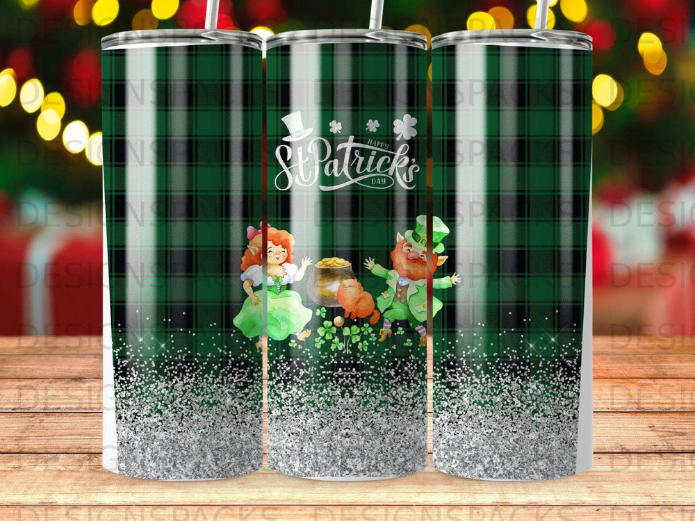 St. Patrick's Day tumbler with leprechauns, pot of gold, and shamrocks.