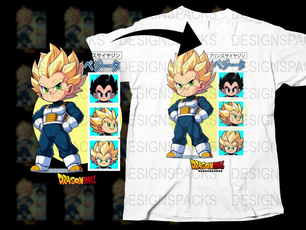 Vegeta Super Saiyan Dragon Ball t-shirt design with character expressions