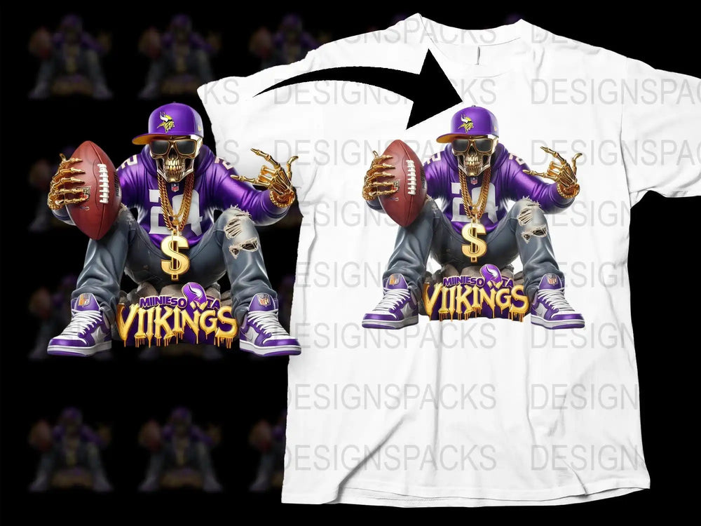 Minnesota Vikings skull football design for DTF/DTG t-shirt printing, print-ready PNG