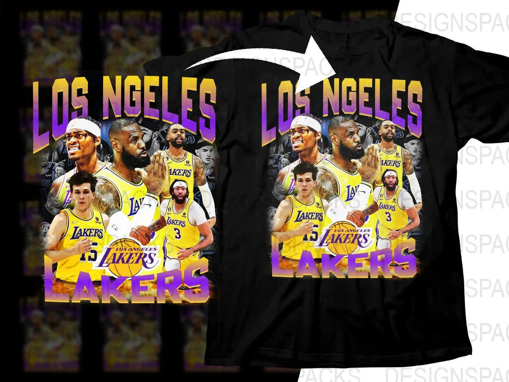 Los Angeles Lakers basketball team design on black t-shirt, featuring players in yellow jerseys