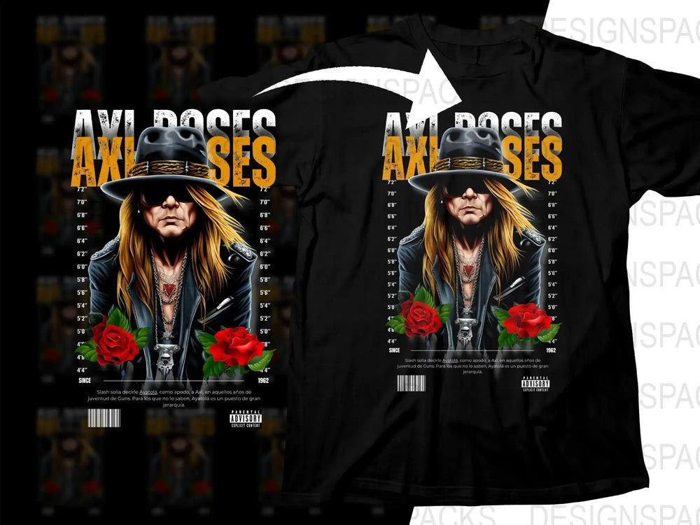 Axl Rose Guns N Roses t-shirt design with roses and height chart, print-ready for DTG/DTF