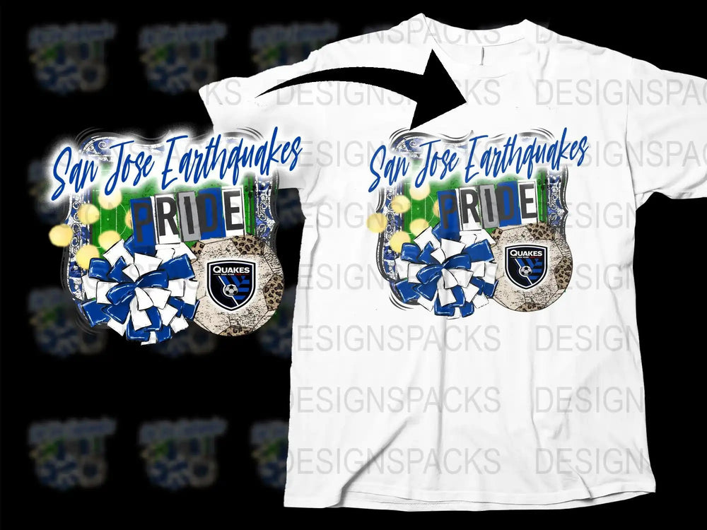 San Jose Earthquakes Pride t-shirt design with blue and white pom-poms, soccer ball, and team logo
