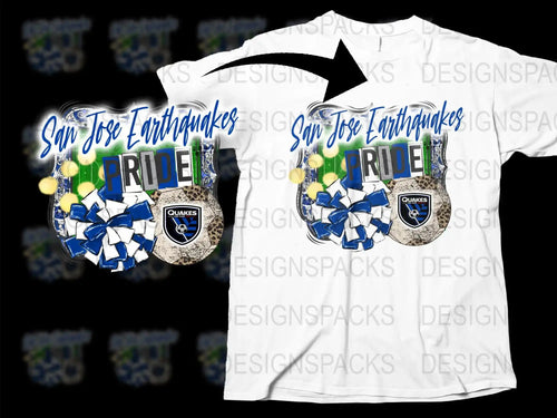San Jose Earthquakes Pride t-shirt design with blue and white pom-poms, soccer ball, and team logo