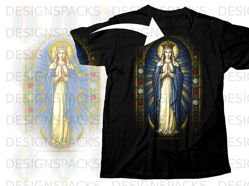 Black t-shirt with a stained-glass style print of the Virgin Mary.