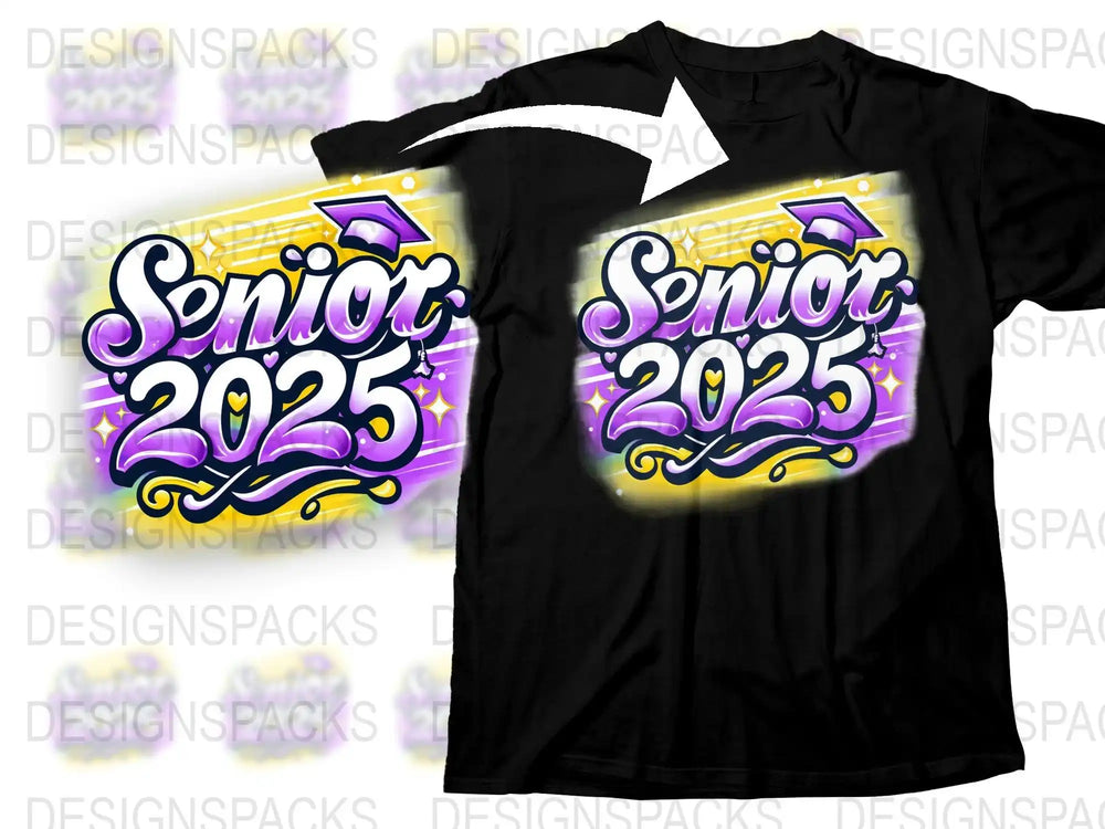 Senior 2025 graduation t-shirt design with purple and gold graffiti-style lettering, print-ready for DTG or DTF.