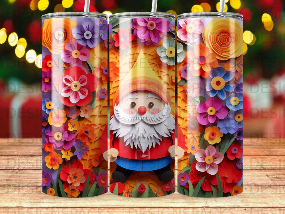 Gnome with colorful flowers on a tumbler.