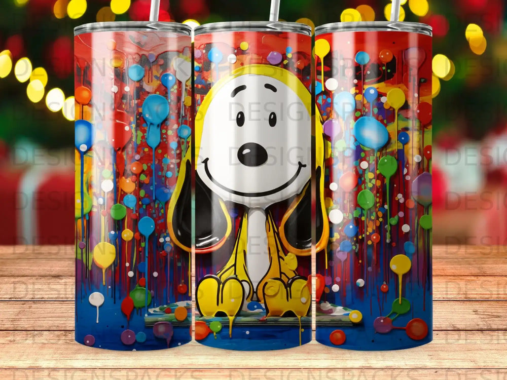 Snoopy character with colorful paint splatters and balloons.