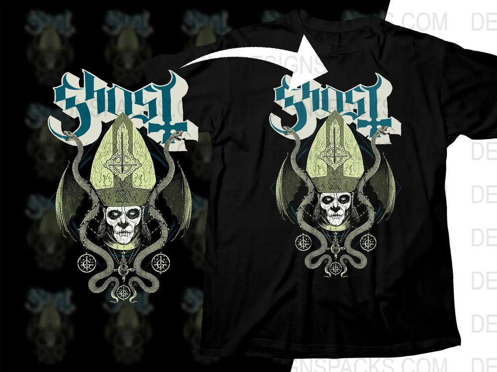 Ghost band t-shirt design with skull, snakes, and bishop hat, print-ready graphic for DTG/DTF