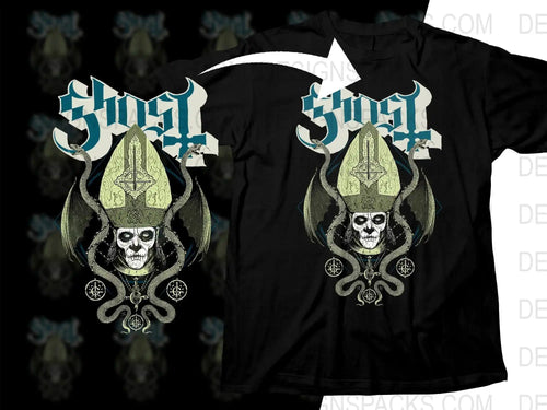 Ghost band t-shirt design with skull, snakes, and bishop hat, print-ready graphic for DTG/DTF