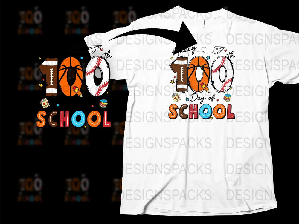 Happy 100th Day of School t-shirt design with sports and school elements