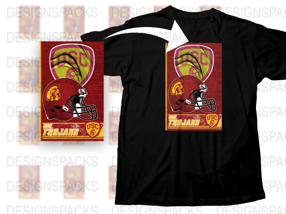 USC Trojans Football Helmet Graphic T-Shirt, Collegiate Sports Team Tee, Fan Apparel, Red and Gold Design, Casual Wear