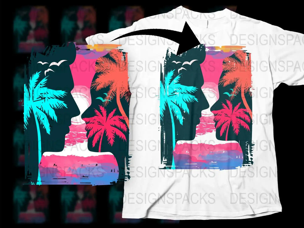 Vibrant Miami Beach Sunset Graphic T-Shirt, Colorful Palm Tree Silhouette, Unisex Summer Tee