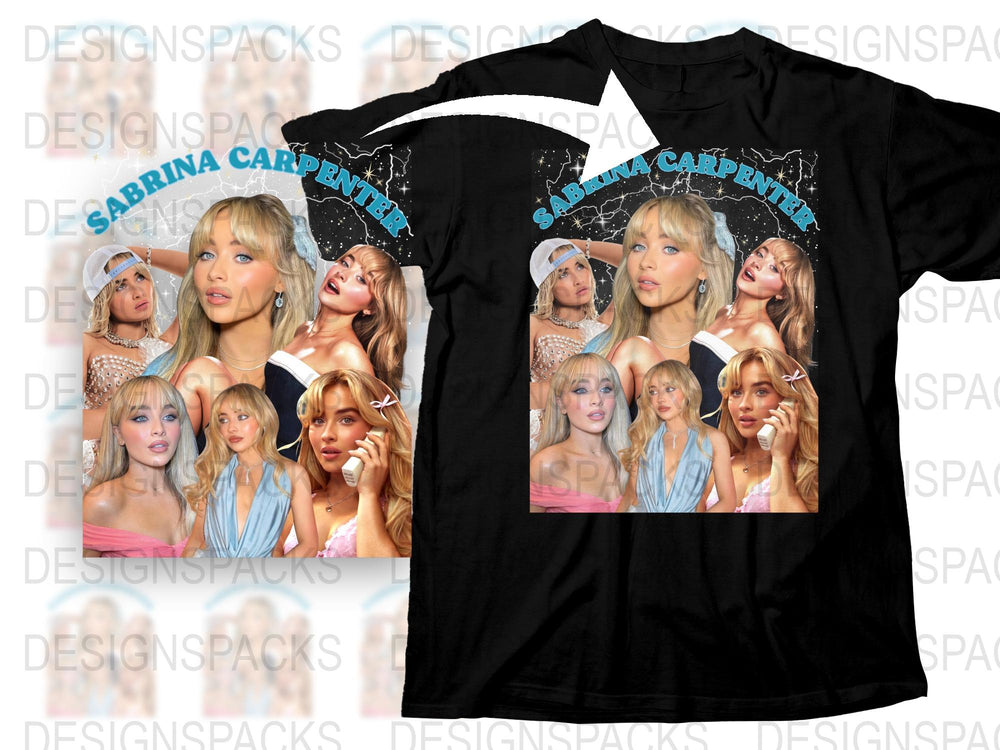 Sabrina Carpenter Fan T-Shirt, Multiple Images Design, Black and Blue, Trendy Pop Music Tee, Gift for Music Lovers