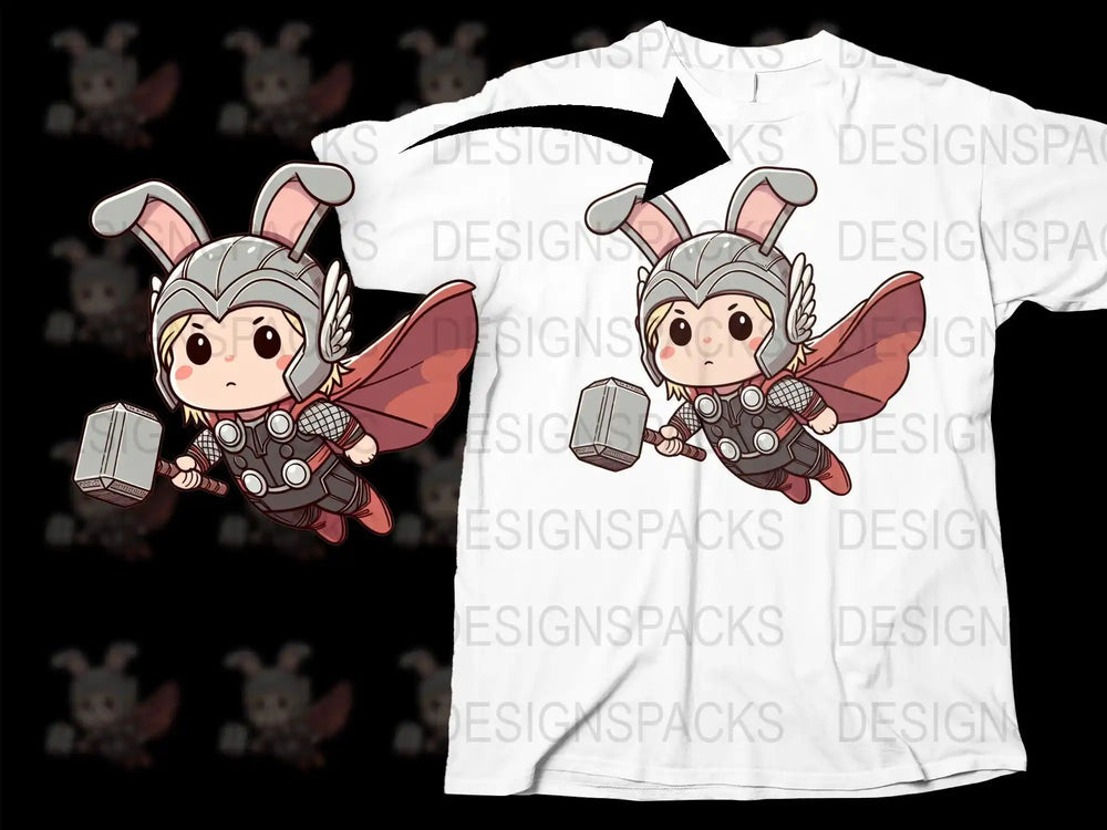 Cute Thor with bunny ears holding hammer, printed on white t-shirt, ideal for DTF/DTG designs