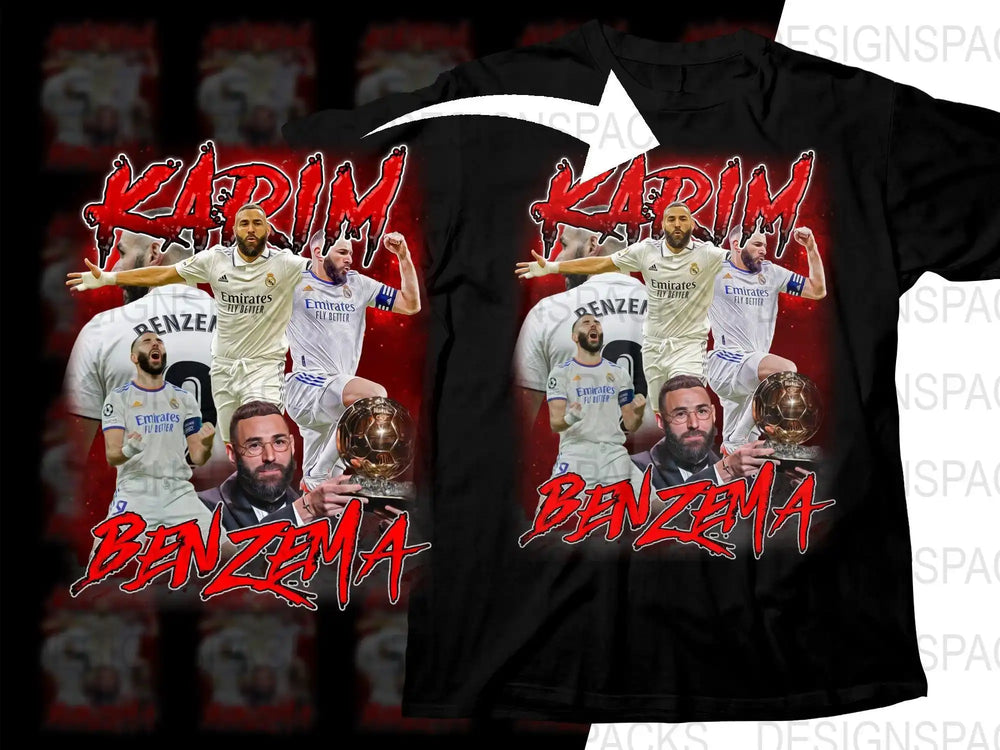 Karim Benzema soccer t-shirt design with action poses and trophy, print-ready for DTG/DTF
