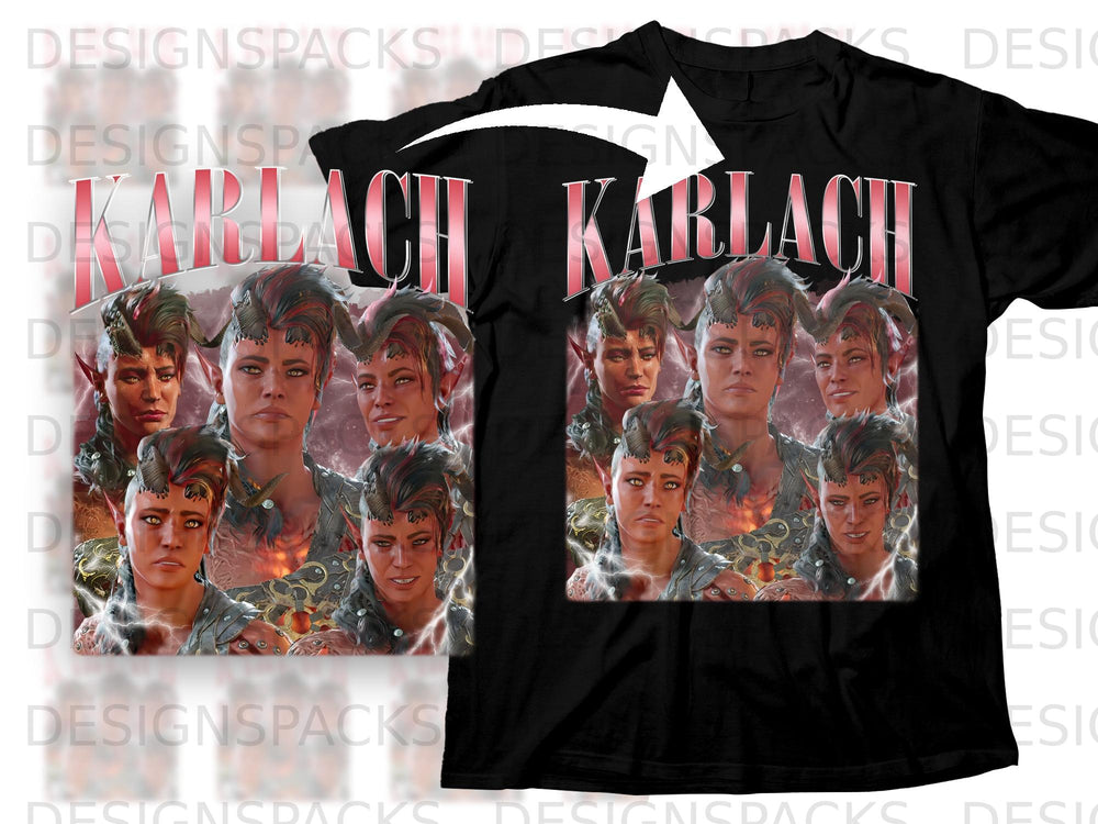 Black t-shirt featuring a collage of fantasy characters with horns and the text "KARLACH".