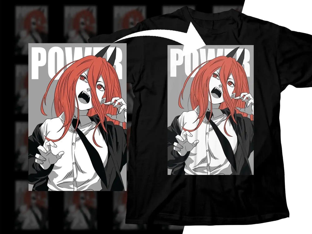 Anime character with red hair and horns on black t-shirt, bold 'POWER' text design